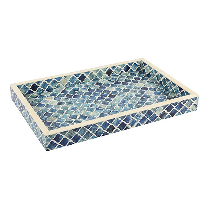 Handicrafts Home Decorative Tray Inspired Vintage Moorish Moroccan Art Handmade Naturals Bone Inlay Quatrefoil Designer All Purpose Serving Tray, Breakfast, Coffee, Table Top from (Blue & White)