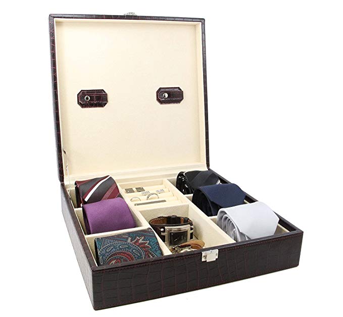 Decorebay Handcrafted Crocodile Leather Tie Box and Cufflink Storage Box for Men – Seal Brown