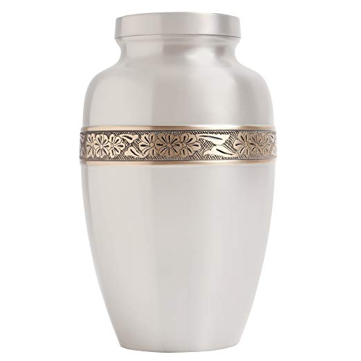Silver funeral urn by Liliane Memorials - Cremation urn for human ashes hand made in brass - Suitable for cemetery burial or niche - Large size fits remains of adults up to 200 lbs - Wildflowers model