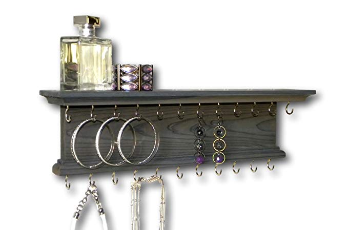 Jewelry Organizer Necklace Holder Wall Mounted Modern Rustic Wood Gray Wall Shelf