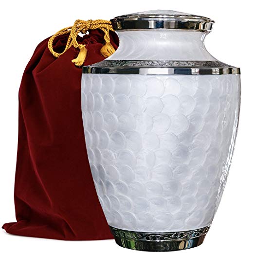Everlasting Love Beautiful and Timeless White Adult Cremation Urn For Human Ashes - This Large Elegant Mother of Pearl Enamel and Nickel Urn Is a Perfect Tribute to Honor Your Loved One - w Velvet Bag