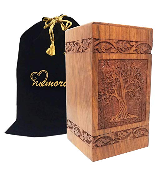 Memorials4u Solid Rosewood Cremation Urn with Hand-Carved Real Tree Design for Human Ashes - Adult Funeral Urn Handcrafted and Engraved - Affordable Urn for Ashes - Wood Urn (Soulful Tree)