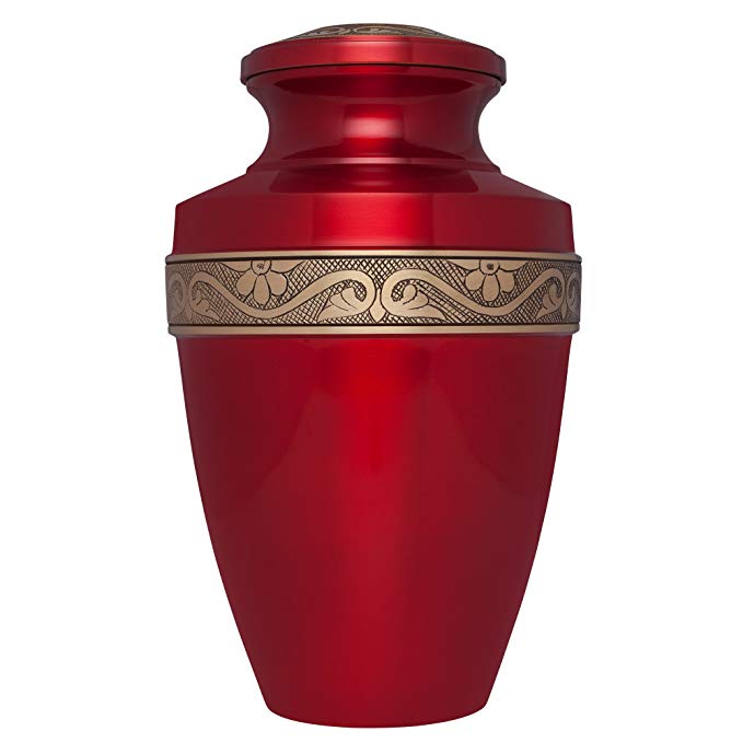 Liliane Memorials Glossy Red Funeral Cremation Urn; Mimosa Model in Brass for Human Ashes; Suitable for Cemetery Burial; Fits Remains of Adults up to 200 lbs, Large