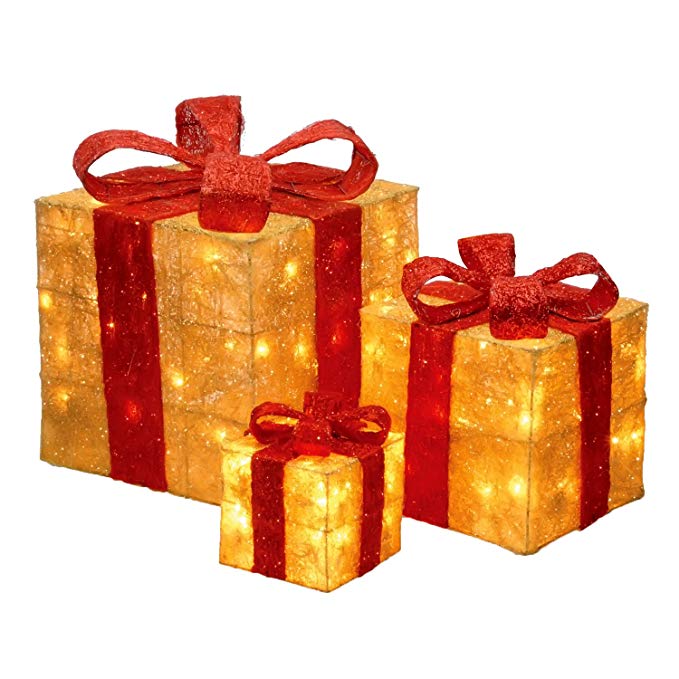 National Tree Set of 3 Assorted Gold Sisal Gift Boxes with Red Bow and Clear Lights (MZGB-ASST-13L-1)