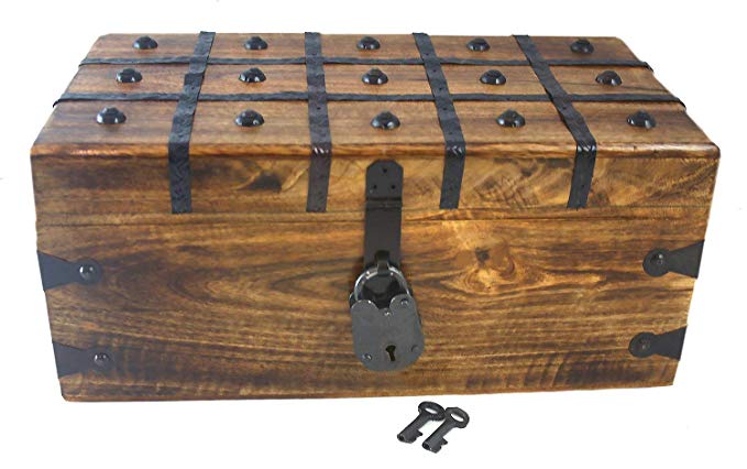 Treasure Chest Box Pirate Large 14” x 8” x 6” Wooden Locking Party Toy Nautical Accessory with Skeleton Key for Kids by Well Pack Box