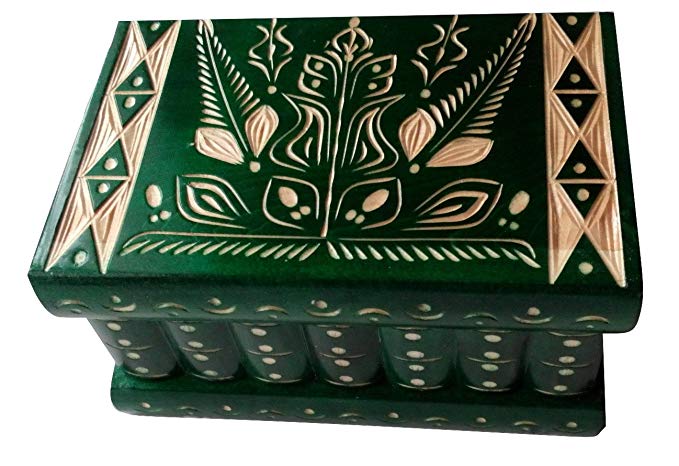 AZI Big Wooden Magic Puzzle Box Secret Treasure Storage Beautiful Special handcarved Jewelry Box case (Green)