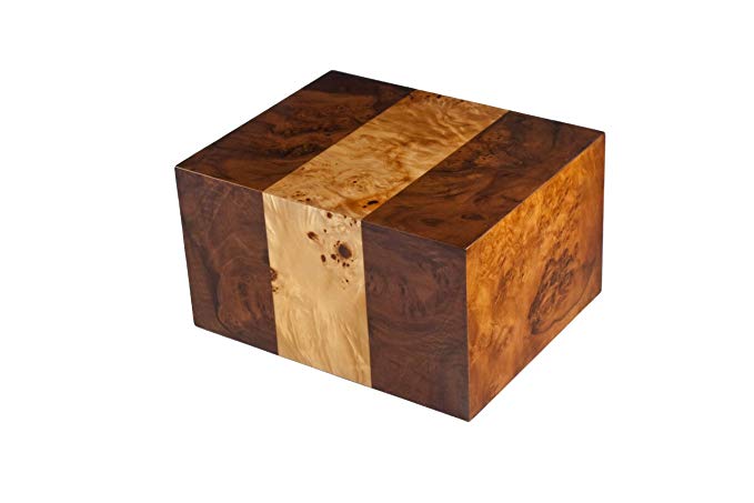 Chateau Urns in Maple Burl wood urn with Walnut Side Inlays, Adult Cremation Urn, Large