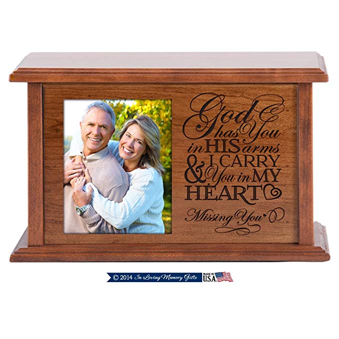 Wooden Cherry Cremation Urn for Adult Ashes God Has You in His Arms & I Carry You in My Heart Hand Finished for in Home or Niche At Columbarium