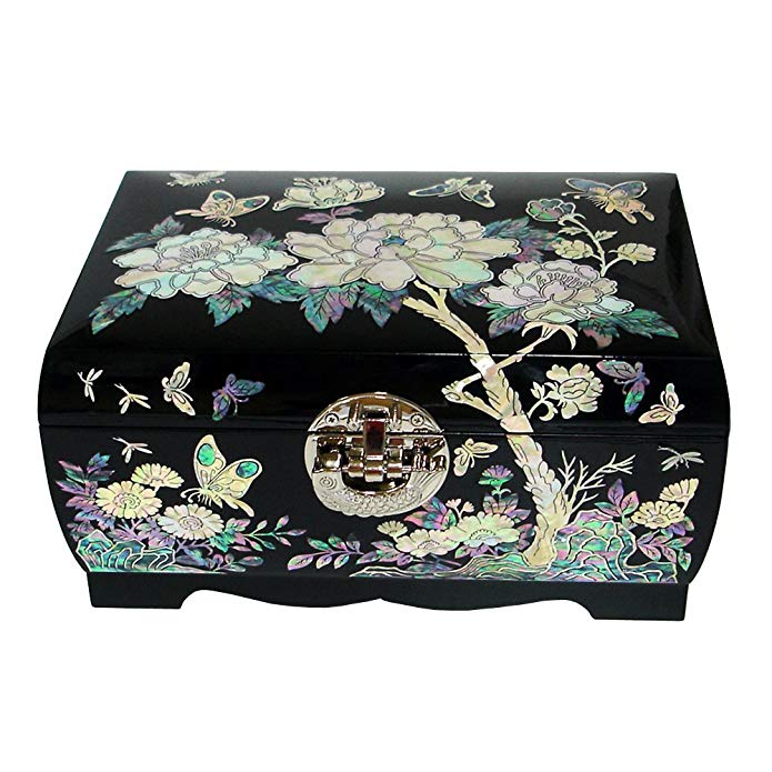 Mother of Pearl Flower Asian Lacquer Women Black Wooden Mirror Jewelry Trinket Keepsake Treasure Gift Girls Necklace Ring Embroidery Box Chest Case Organizer with Peony Design and Fish Lock Key