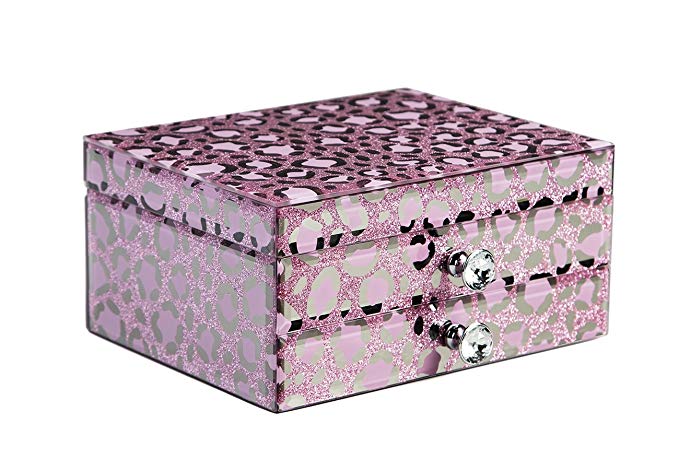 K&P Jewelry Box Organizer Glass Storage Case for Women/Men Pink Leopard 2 Layers