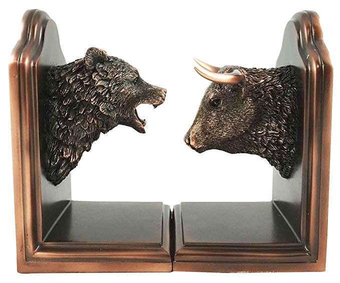 Wallstreet Stock Market Bull and Bear Head Bookends Bronze Electroplated Figurine Investors Gifts Money Managers