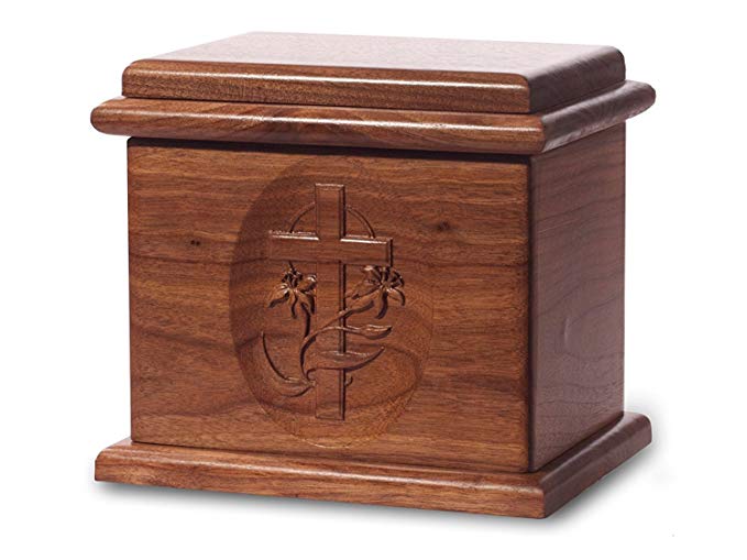 Cremation Urn - Deluxe Oak Wood with Black Walnut Stain - Cross Carving