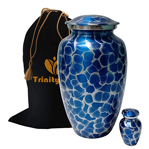 Tiger Eye Cremation Urn Set - 100% Handcrafted Adult Funeral Urn - Solid Metal Urn - Affordable Urn for Human Ashes with Free Keepsake & Velvet Bag (Blue)