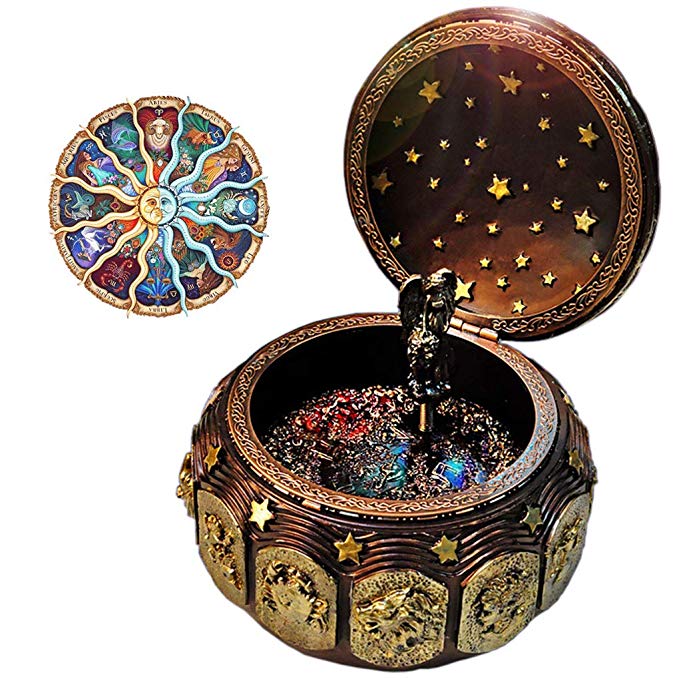 Vintage Music Box with 12 Constellations Rotating Goddess LED lights Twinkling Resin Carved Mechanism Musical Box with Sankyo 18-Note Wind Up Signs of the Zodiac Gift For Birthday Christmas (A1 Gold)