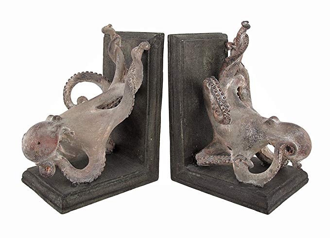 Zeckos Resin Decorative Bookends Squiggly Armed Octopus Bookends Set of 2 6.5 X 8.5 X 4.5 Inches Gray