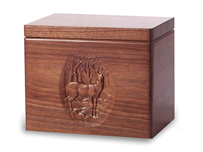 Cremation Urn - Standard Oak Wood with Black Walnut Stain - Deer Carving