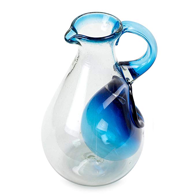 NOVICA Hand Blown Clear Glass Pitcher with Aquamarine Rim and Ice Chamber, 60 oz, Fresh Caribbean'