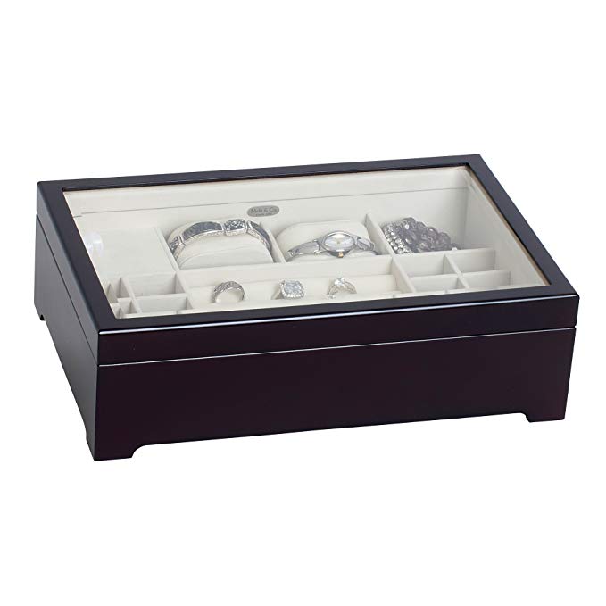 Mele & Co. Sheraton Glass Top Musical Wooden Jewelry Box in Java Finish