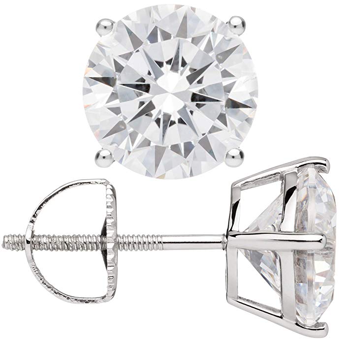 14K Solid White Gold Round Cut Cubic Zirconia Stud Earrings | .50 to 4.0 CTW | Screw Back Posts | With Gift Box