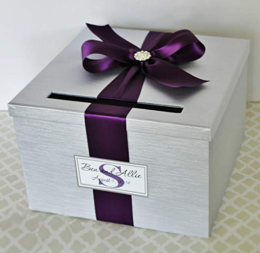 Wedding Card Holder Box Silver and Plum Purple Customizable