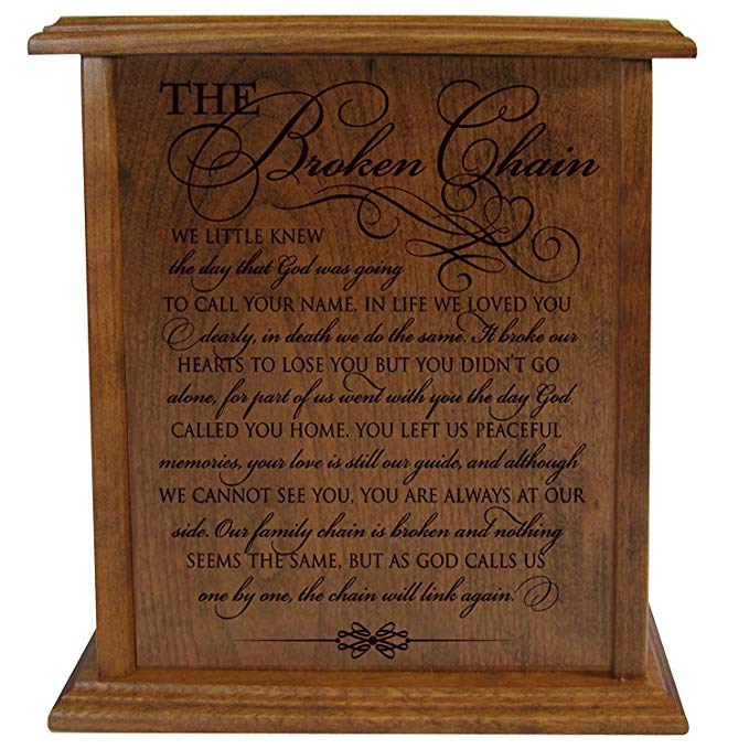 The Broken Chain Keepsake Funeral Cremation Urn for Human Adult Ashes Hand Made in Solid Cherry Wood Hand Finished and Laser Engraved Wooden Cremation Urn in Home or Niche At Columbarium