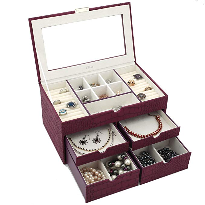 Jewelry Box Large Case Drawers Organize Storage Necklaces Earrings Bracelets (Pink / Magenta)