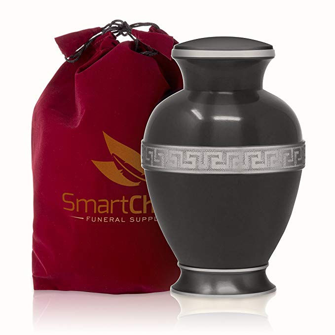 SmartChoice Brass Cremation Urn for Human Ashes – Handcrafted Funeral Memorial Urn with Greek Motif in Elegant Black (Adult)