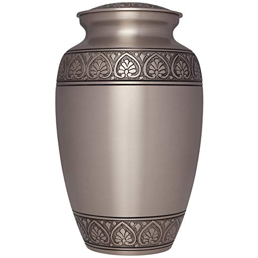 Silver Funeral Urn by Liliane Memorials - Cremation Urn for Human Ashes - Hand Made in Brass -Suitable for Cemetery Burial or Niche - Large Size fits remains of Adults up to 200 lbs- Silver Corinthian