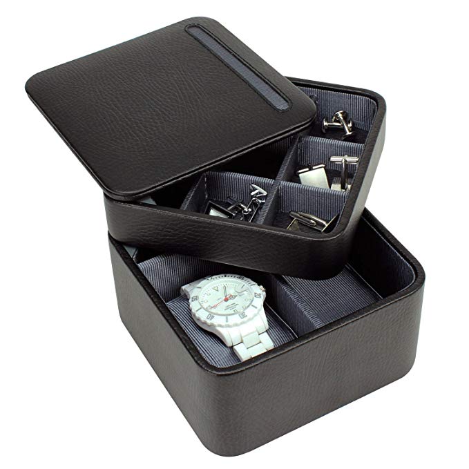 Dulwich Designs Eclipse Black Leather Watch & Cufflink Box Gray Lining