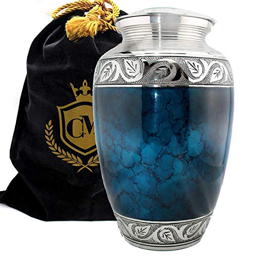 Moonstone Blue - Funeral, Burial, Niche Or Columbarium Adult Cremation Urn for Human Ashes - 100% Brass- Adult, Large (Moonstone Blue, Large)