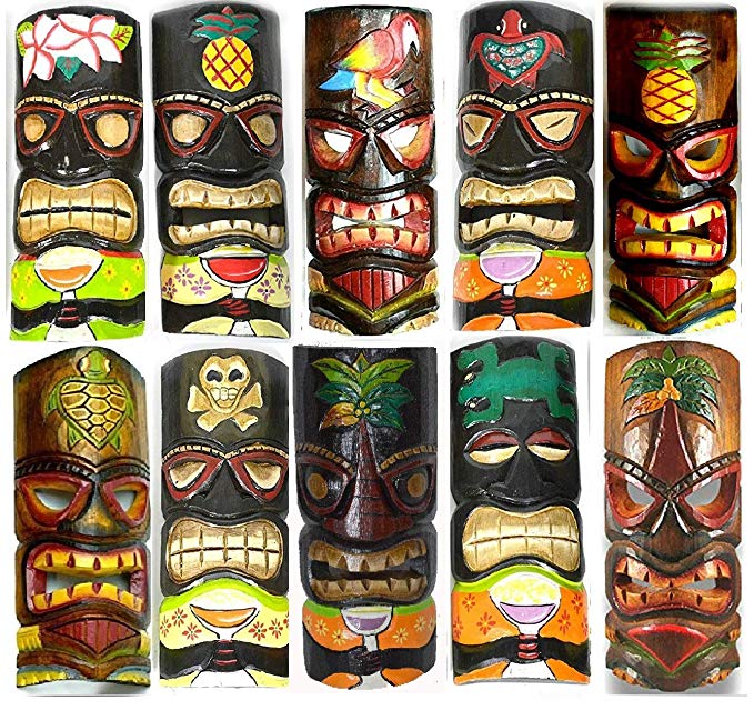 SET OF 10 HAND CARVED POLYNESIAN HAWAIIAN TIKI STYLE MASKS 12 IN TALL