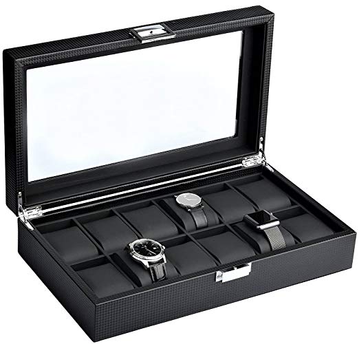 Mantello 12-Watch Box Carbon Fiber Design with Glass Top