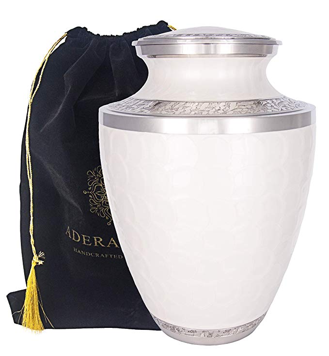 Adera Dreams Adult Cremation Urn for Human Ashes Pearl White Large Funeral Urn for Adult - with Velvet Carry Pouch - Handcrafted Full Size Burial Urn