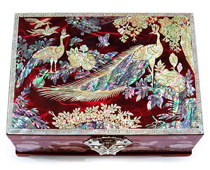 Jewelry Box Ring Organizer Mother of Pearl Inlay Mirror Lid 2 Level Peacock (Red)