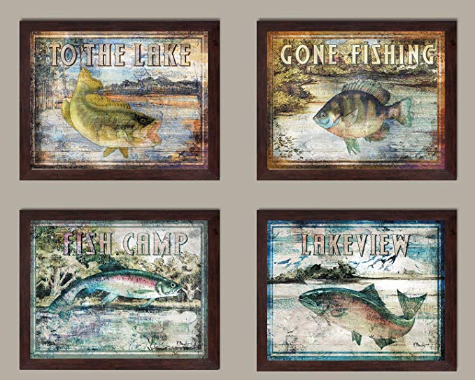 Gango Home Decor Classic Outdoors Fishing Signs: Lakeview, Fish Camp, Gone Fishing, to The Lake; Four 14X11in Framed Prints; Ready to Hang!