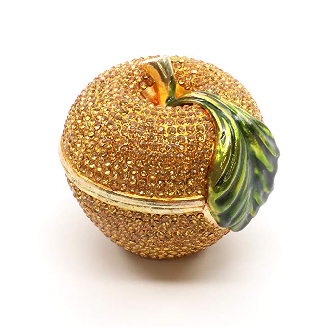 Faberge Box Decorative Enameled Figurines, 24K Gold Trinket Jewelry Box with Swarovski Crystal (Gold Apple)