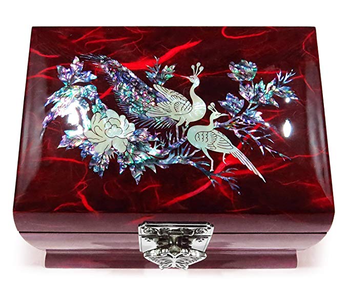 MADDesign Music Box Jewelry Ring Organizer Wood Mother of Pearl Inlay Peacock Red