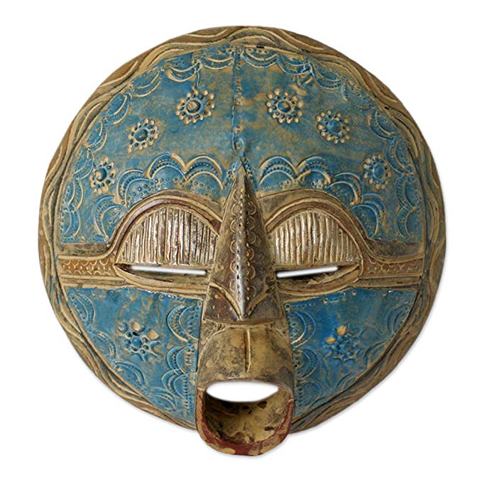 NOVICA Decorative Ghanaian Sese Wood and Aluminum Mask, Blue 'New Love'