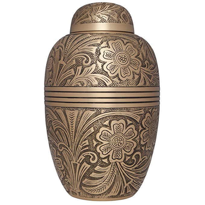 Ansons Urns Cremation Urn - Funeral Urn for Human Ashes - Large Adult Size Burial Urn - 100% Brass (Argence Gold Flowers) - 10