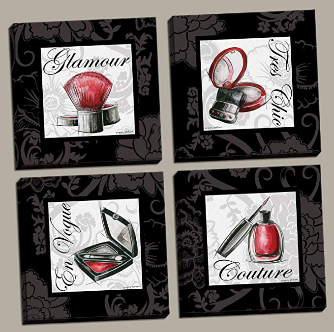 Gango Home Decor Makeup Bag I French Glamour, Tres Chic, En Vogue and Couture Signs, Four 12 by 12-Inch Canvases; Ready to Hang! Red/Black/White