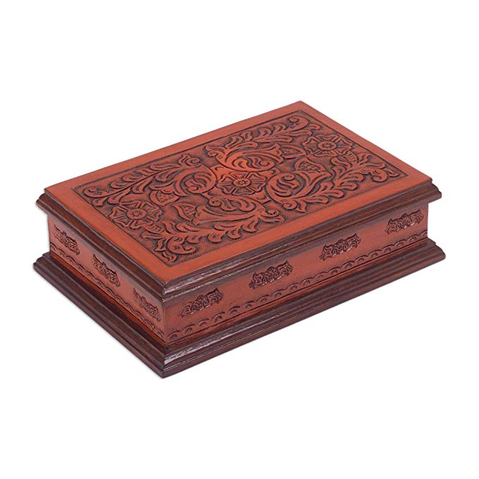 NOVICA Floral Wood and Leather Jewelry Box, Brown 'Colonial Garden'