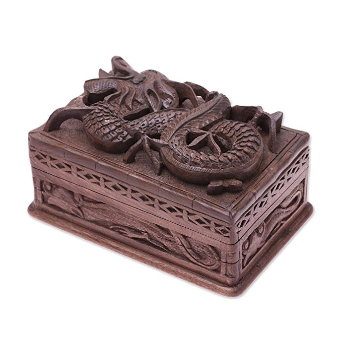 NOVICA Hand Carved Power Walnut Wood Jewelry Box, Brown, Lucky Dragon'