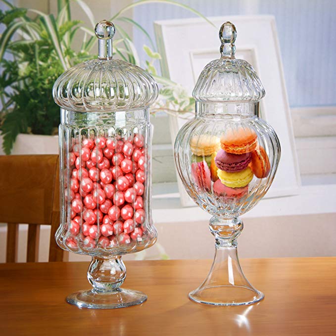 MyGift Set of 2 Clear Glass Ribbed Apothecary Jars/Kitchen Food Storage Jars/Candy Buffet Canisters w/Lids