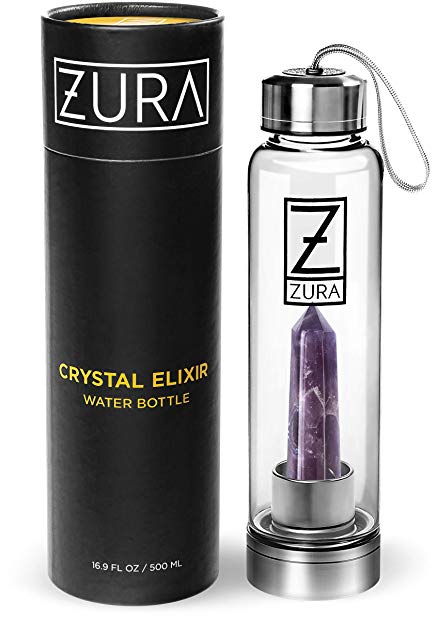 ZURA Amethyst Crystal Infused Water Bottle – 18 oz – Shatter-Resistant – Removable Crystal– Glass and Stainless Steel Includes Protective Sleeve