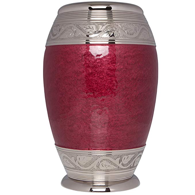 Liliane Memorials Red Enamel Funeral Cremation Urn; Laurel Model in Brass for Human Ashes; Suitable for Cemetery Burial; Fits Remains of Adults up to 200 lbs, Large