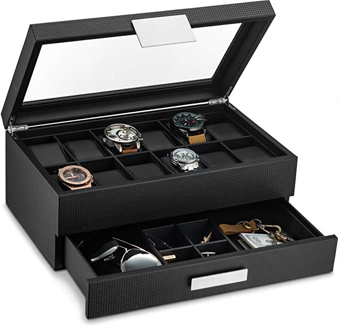 Glenor Co Watch Box with Valet Drawer for Men - 12 Slot Luxury Watch Case Display Organizer, Carbon Fiber Design - Metal Buckle for Mens Jewelry Watches, Men's Storage Boxes Holder has Large Glass Top