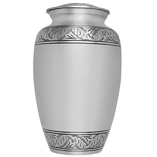 Silver Funeral Urn by Liliane Memorials - Cremation Urn for Human Ashes - Hand Made in Brass - Suitable for Cemetery Burial or Niche - Large Size fits remains of Adults up to 200 lbs - Lauriers Silver