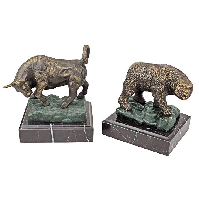 Design Toscano The Bull and Bear of Wall Street Bookend Statues, 8 Inch, Set of Two, Cast Iron and Marble, Bronze Verdigris Finish