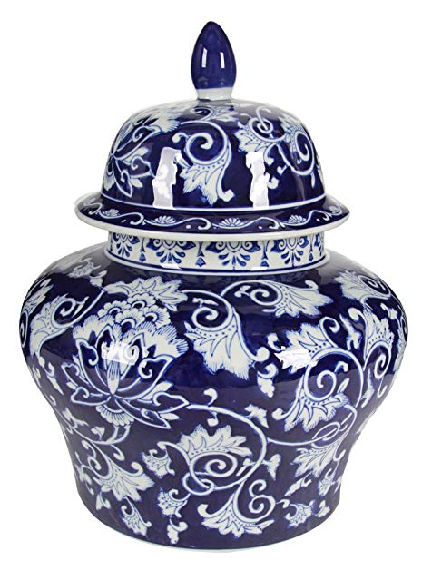A&B Home Covered Ginger Jar, 14 by 17-Inch, Blue/White