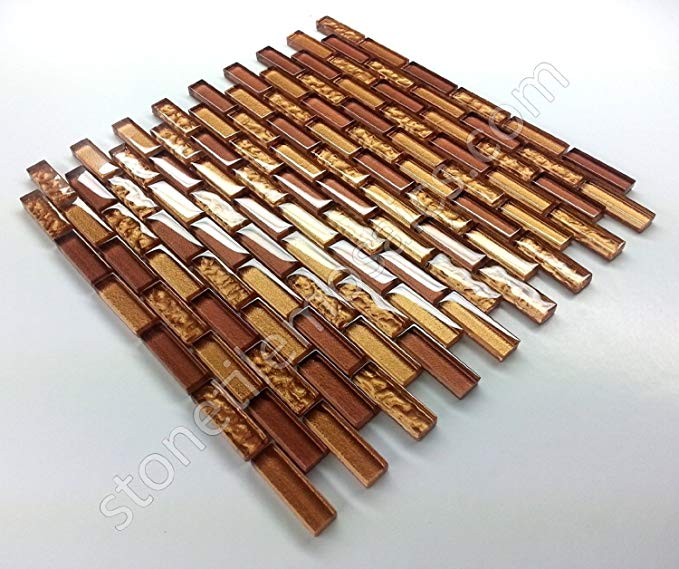 Vogue Premium Quality Copper & Gold Glass Mixed Brick Pattern Mosaic Tile for Backsplash and Bathroom Wall Designed in Italy (Box of 5 sq. ft.)